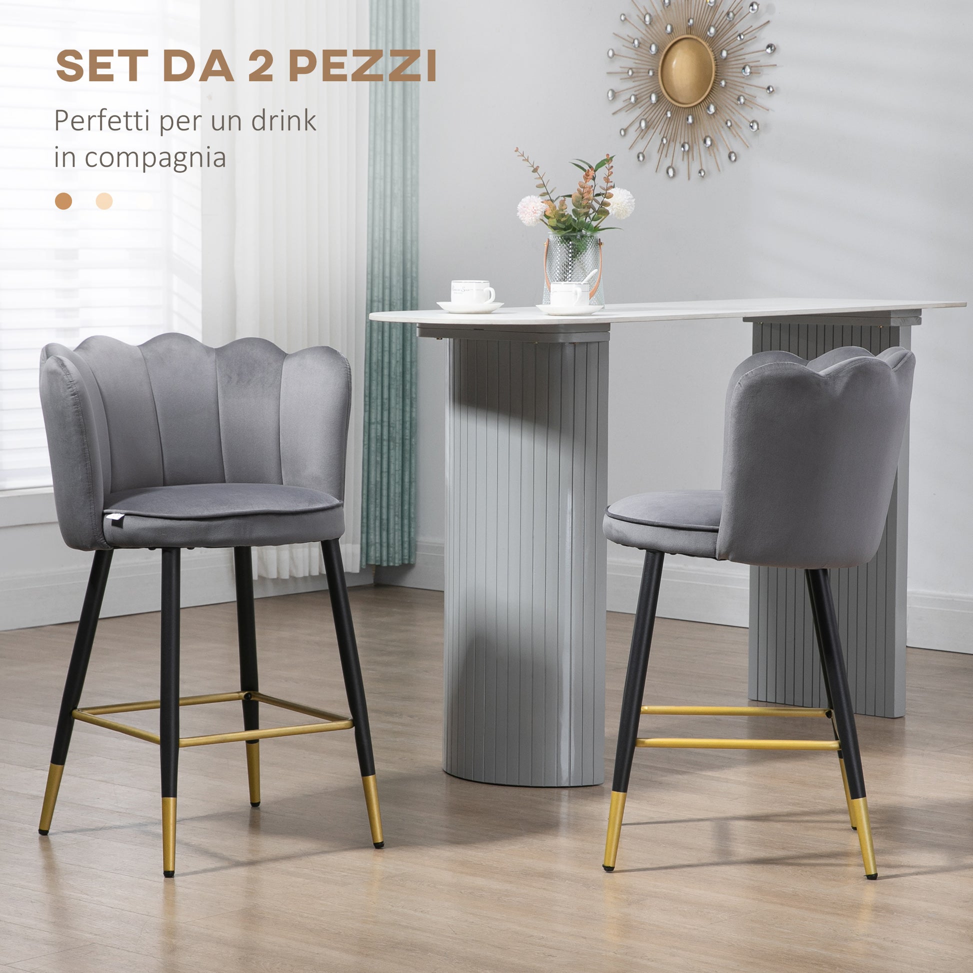 Set of 2 Velvet Bar Stools with Footrest and Steel Base, 59x52x90cm, Dark Gray