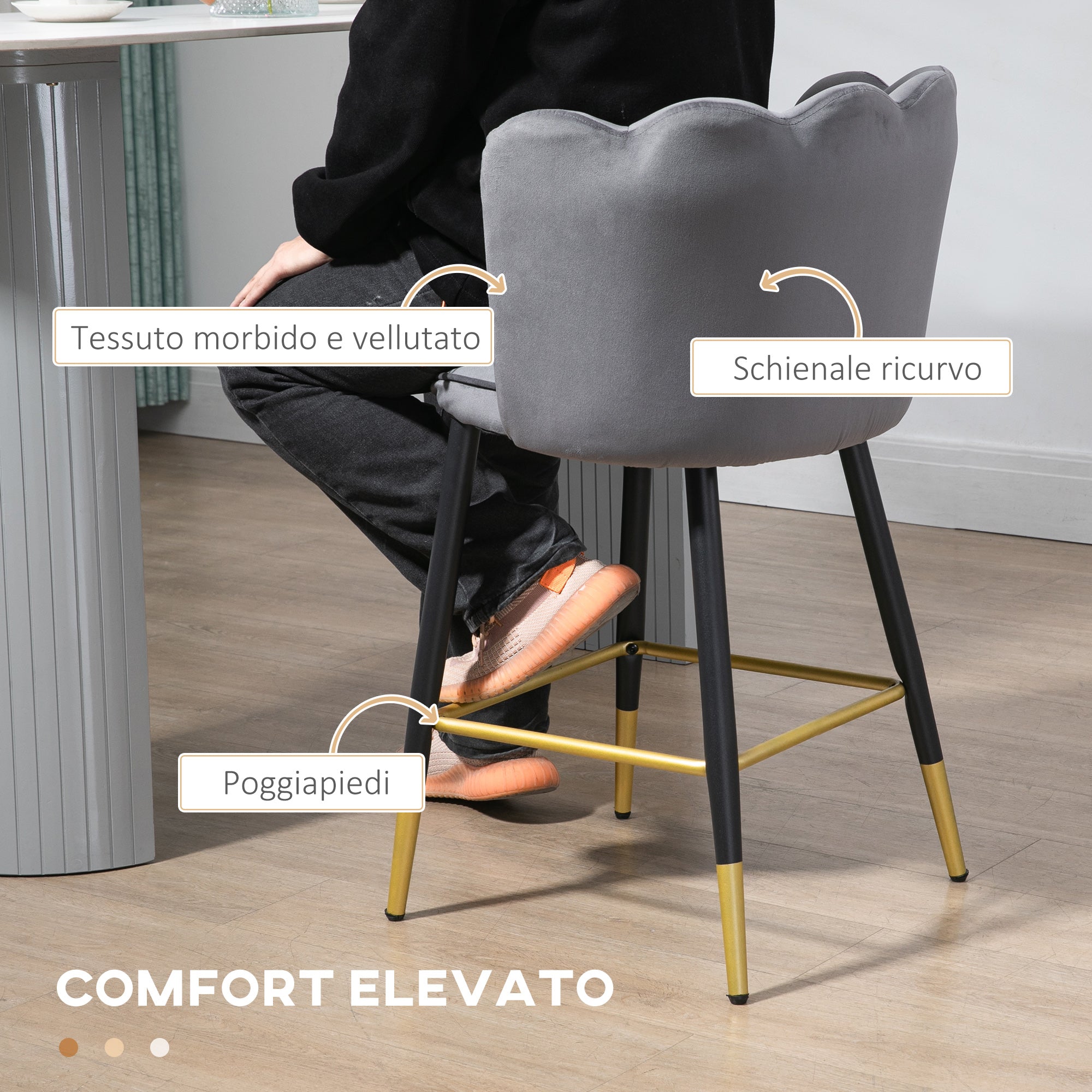 Set of 2 Velvet Bar Stools with Footrest and Steel Base, 59x52x90cm, Dark Gray