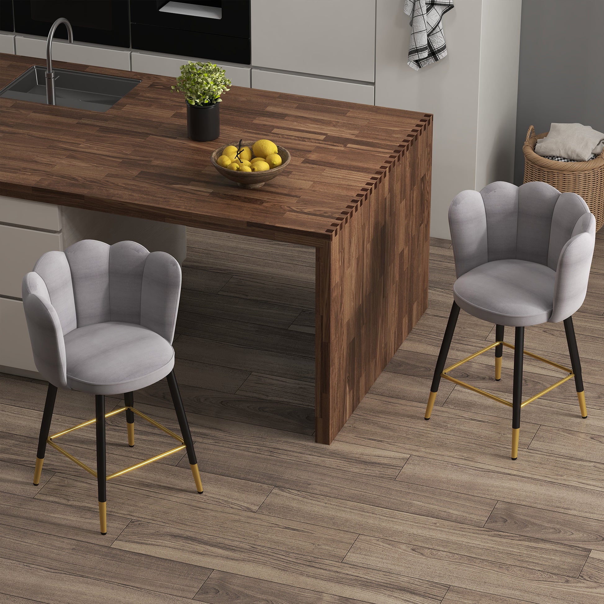 Set of 2 Velvet Bar Stools with Footrest and Steel Base, 59x52x90cm, Dark Gray