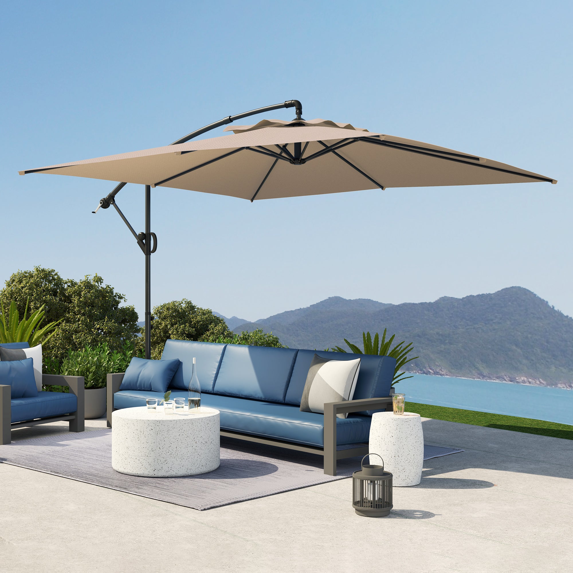 3x3.25m Offset Umbrella with 360° Adjustable Canopy, Cross Base, Air Vents, and Crank, Tilted Garden Umbrella in Metal and Polyester, for Courtyard, Terrace, Khaki