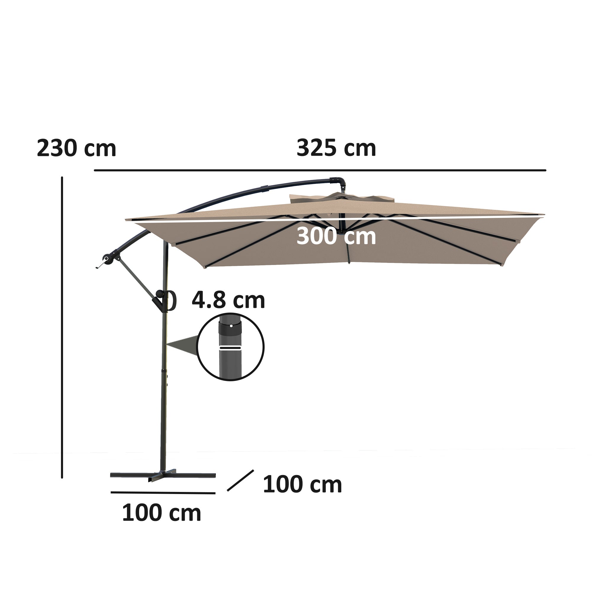3x3.25m Offset Umbrella with 360° Adjustable Canopy, Cross Base, Air Vents, and Crank, Tilted Garden Umbrella in Metal and Polyester, for Courtyard, Terrace, Khaki