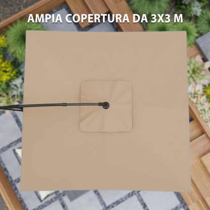 3x3.25m Offset Umbrella with 360° Adjustable Canopy, Cross Base, Air Vents, and Crank, Tilted Garden Umbrella in Metal and Polyester, for Courtyard, Terrace, Khaki