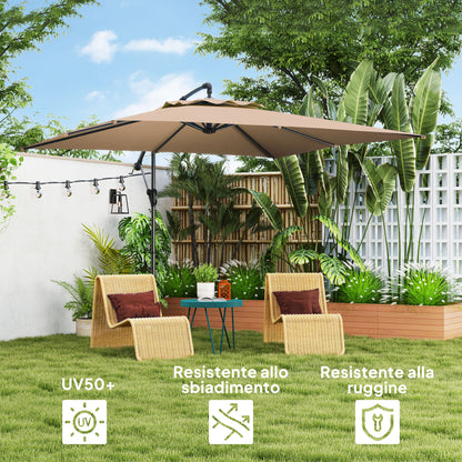 3x3.25m Offset Umbrella with 360° Adjustable Canopy, Cross Base, Air Vents, and Crank, Tilted Garden Umbrella in Metal and Polyester, for Courtyard, Terrace, Khaki