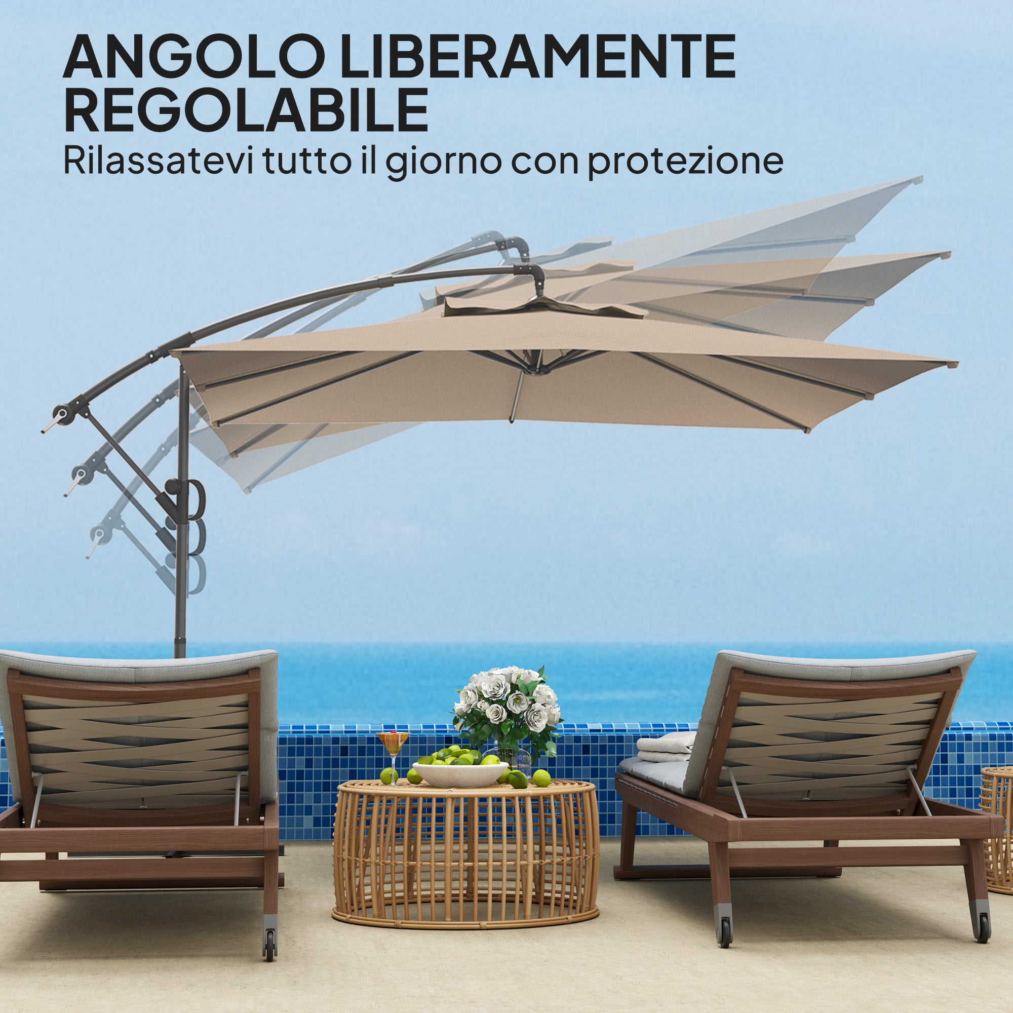3x3.25m Offset Umbrella with 360° Adjustable Canopy, Cross Base, Air Vents, and Crank, Tilted Garden Umbrella in Metal and Polyester, for Courtyard, Terrace, Khaki