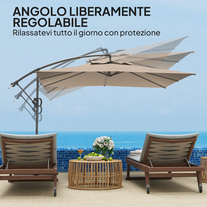 3x3.25m Offset Umbrella with 360° Adjustable Canopy, Cross Base, Air Vents, and Crank, Tilted Garden Umbrella in Metal and Polyester, for Courtyard, Terrace, Khaki