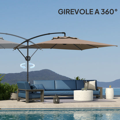3x3.25m Offset Umbrella with 360° Adjustable Canopy, Cross Base, Air Vents, and Crank, Tilted Garden Umbrella in Metal and Polyester, for Courtyard, Terrace, Khaki