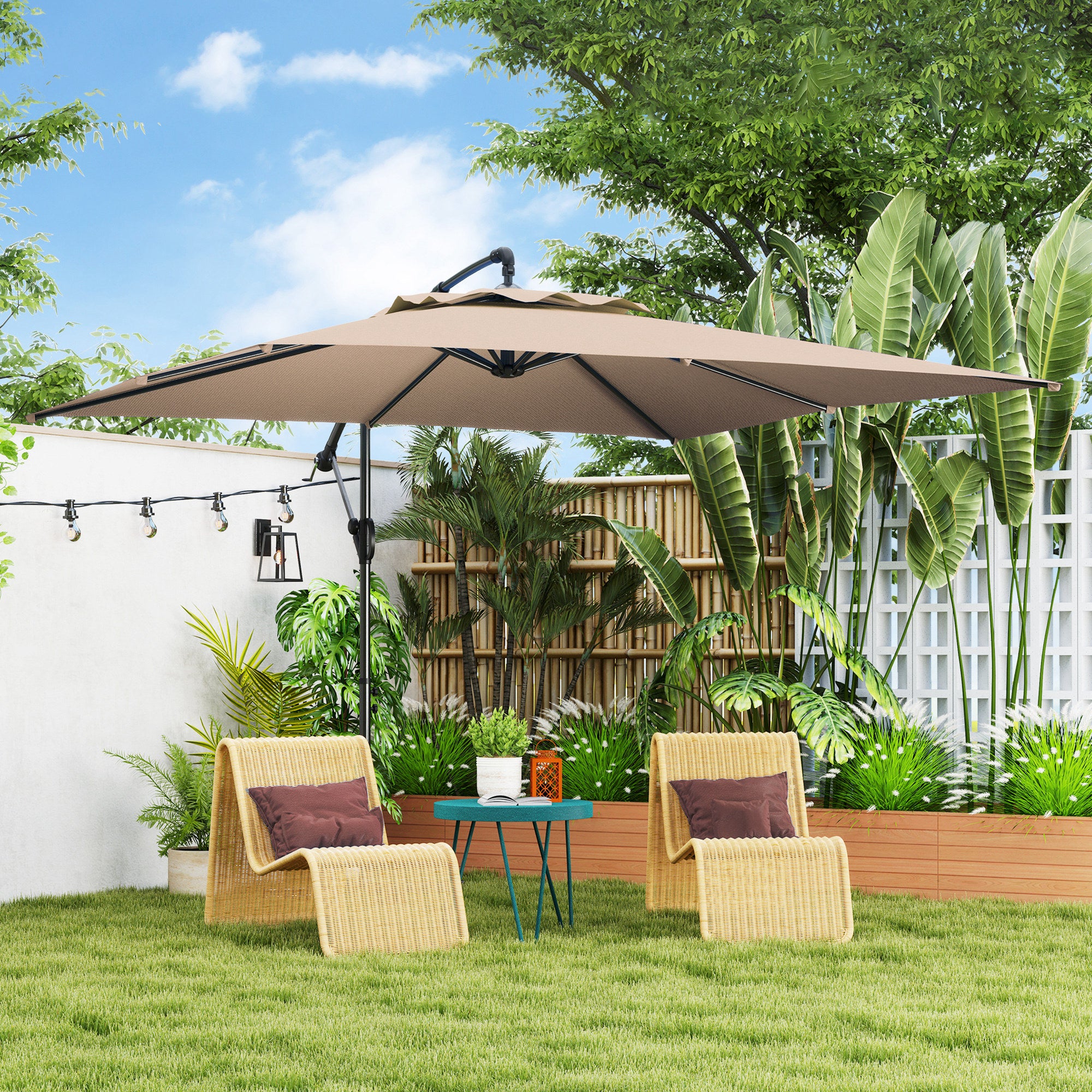 3x3.25m Offset Umbrella with 360° Adjustable Canopy, Cross Base, Air Vents, and Crank, Tilted Garden Umbrella in Metal and Polyester, for Courtyard, Terrace, Khaki