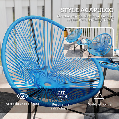 Outdoor Garden Lounge Set with 2 Blue Woven Resin Rattan Chairs, Tempered Glass Outdoor Table, Garden Furniture for Balcony Terrace Patio, Blue