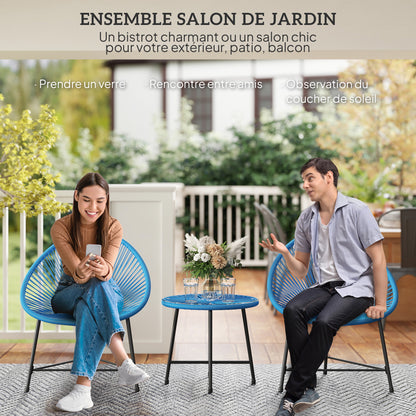 Outdoor Garden Lounge Set with 2 Blue Woven Resin Rattan Chairs, Tempered Glass Outdoor Table, Garden Furniture for Balcony Terrace Patio, Blue