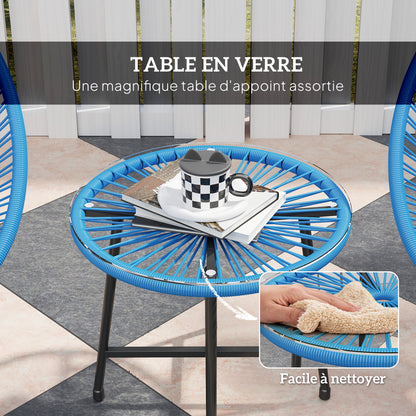 Outdoor Garden Lounge Set with 2 Blue Woven Resin Rattan Chairs, Tempered Glass Outdoor Table, Garden Furniture for Balcony Terrace Patio, Blue