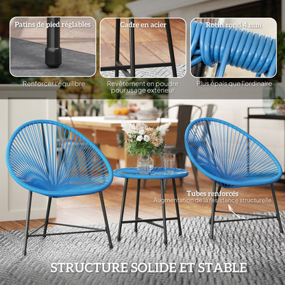 Outdoor Garden Lounge Set with 2 Blue Woven Resin Rattan Chairs, Tempered Glass Outdoor Table, Garden Furniture for Balcony Terrace Patio, Blue
