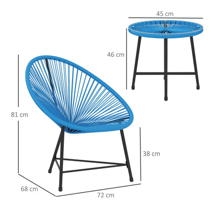 Outdoor Garden Lounge Set with 2 Blue Woven Resin Rattan Chairs, Tempered Glass Outdoor Table, Garden Furniture for Balcony Terrace Patio, Blue