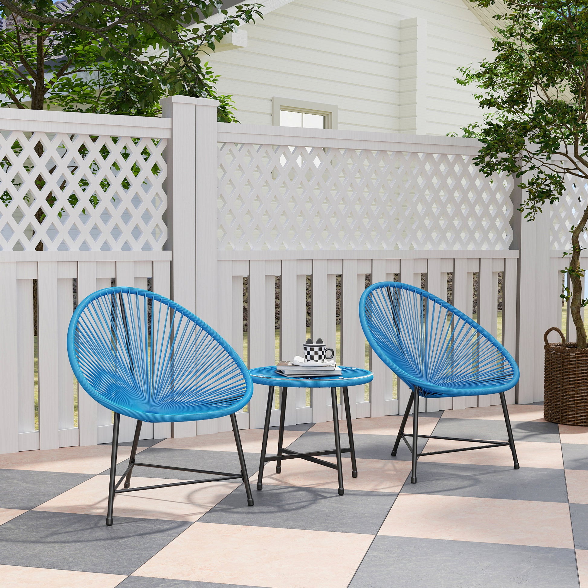 Outdoor Garden Lounge Set with 2 Blue Woven Resin Rattan Chairs, Tempered Glass Outdoor Table, Garden Furniture for Balcony Terrace Patio, Blue