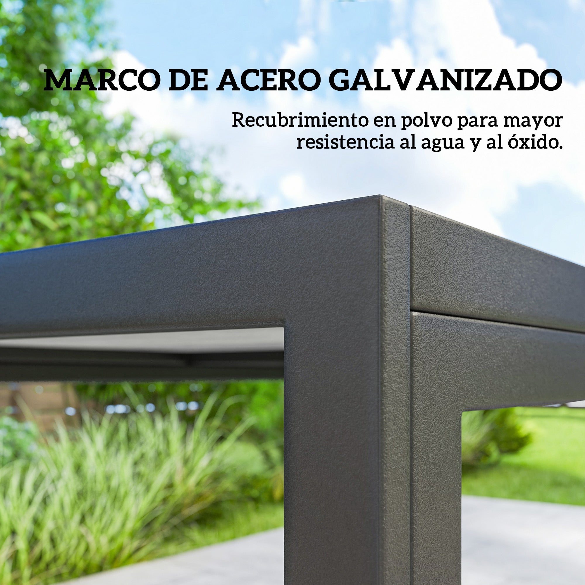 7-Piece Outdoor Dining Set – Wood-Effect Table & 6 Breathable Mesh Chairs, Galvanized Steel Frame, Black