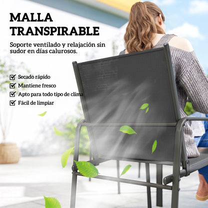 7-Piece Outdoor Dining Set – Wood-Effect Table & 6 Breathable Mesh Chairs, Galvanized Steel Frame, Black