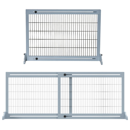 Wooden Dog Barrier, Extendable Door Safety Gate with Foot Support, Freestanding Dog Gate, Stair Gate, Dog Barrier for Fireplace, Oven, Gray Blue, 104-183 x 36 x 69 cm