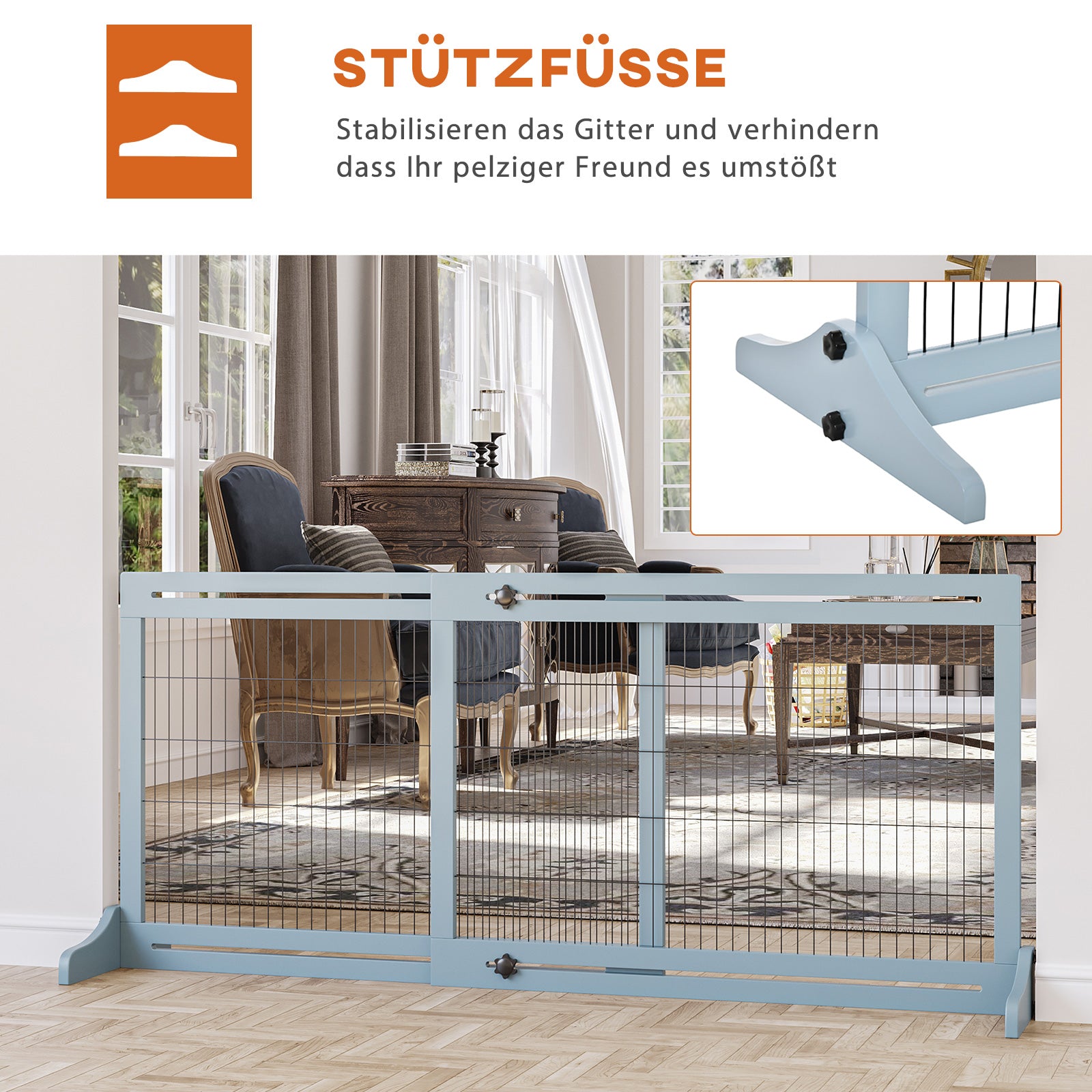 Wooden Dog Barrier, Extendable Door Safety Gate with Foot Support, Freestanding Dog Gate, Stair Gate, Dog Barrier for Fireplace, Oven, Gray Blue, 104-183 x 36 x 69 cm