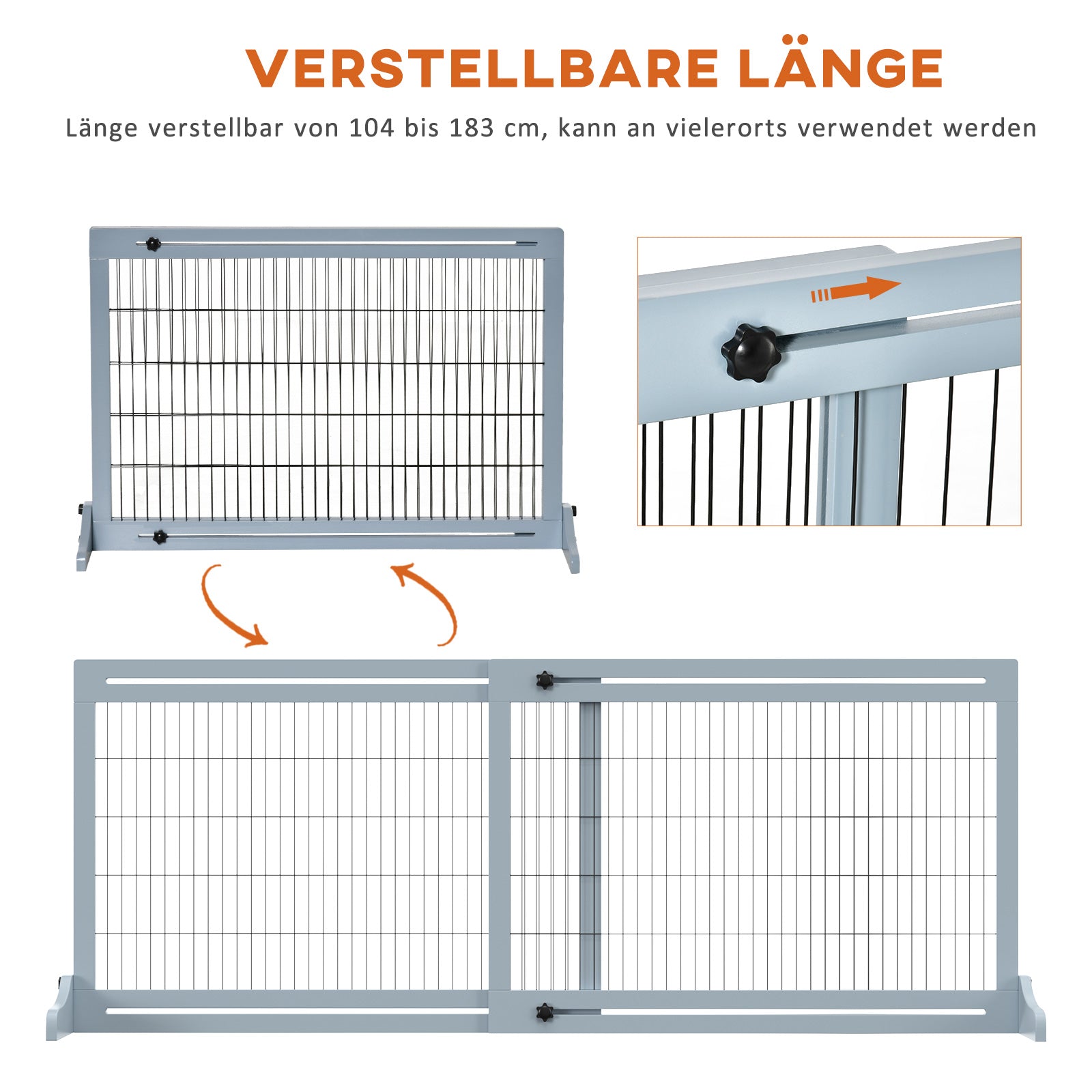 Wooden Dog Barrier, Extendable Door Safety Gate with Foot Support, Freestanding Dog Gate, Stair Gate, Dog Barrier for Fireplace, Oven, Gray Blue, 104-183 x 36 x 69 cm