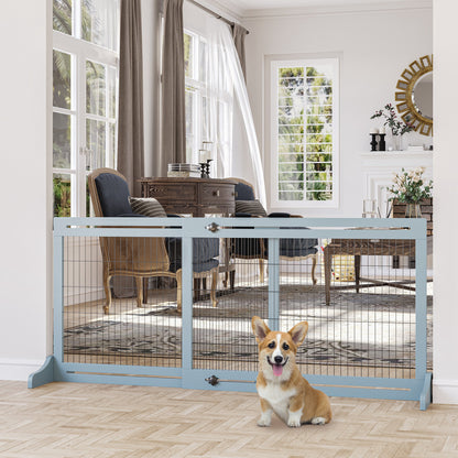 Wooden Dog Barrier, Extendable Door Safety Gate with Foot Support, Freestanding Dog Gate, Stair Gate, Dog Barrier for Fireplace, Oven, Gray Blue, 104-183 x 36 x 69 cm