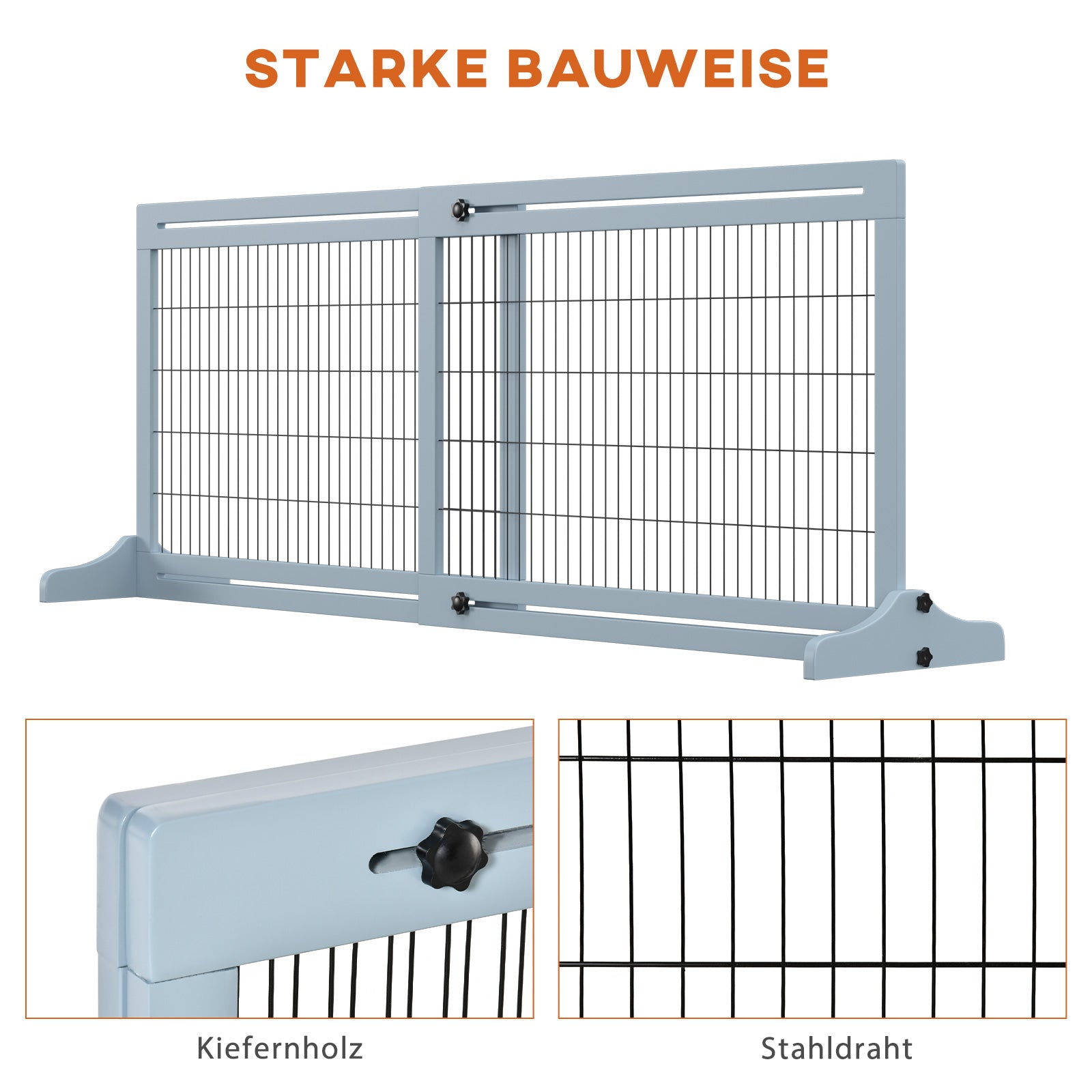Wooden Dog Barrier, Extendable Door Safety Gate with Foot Support, Freestanding Dog Gate, Stair Gate, Dog Barrier for Fireplace, Oven, Gray Blue, 104-183 x 36 x 69 cm