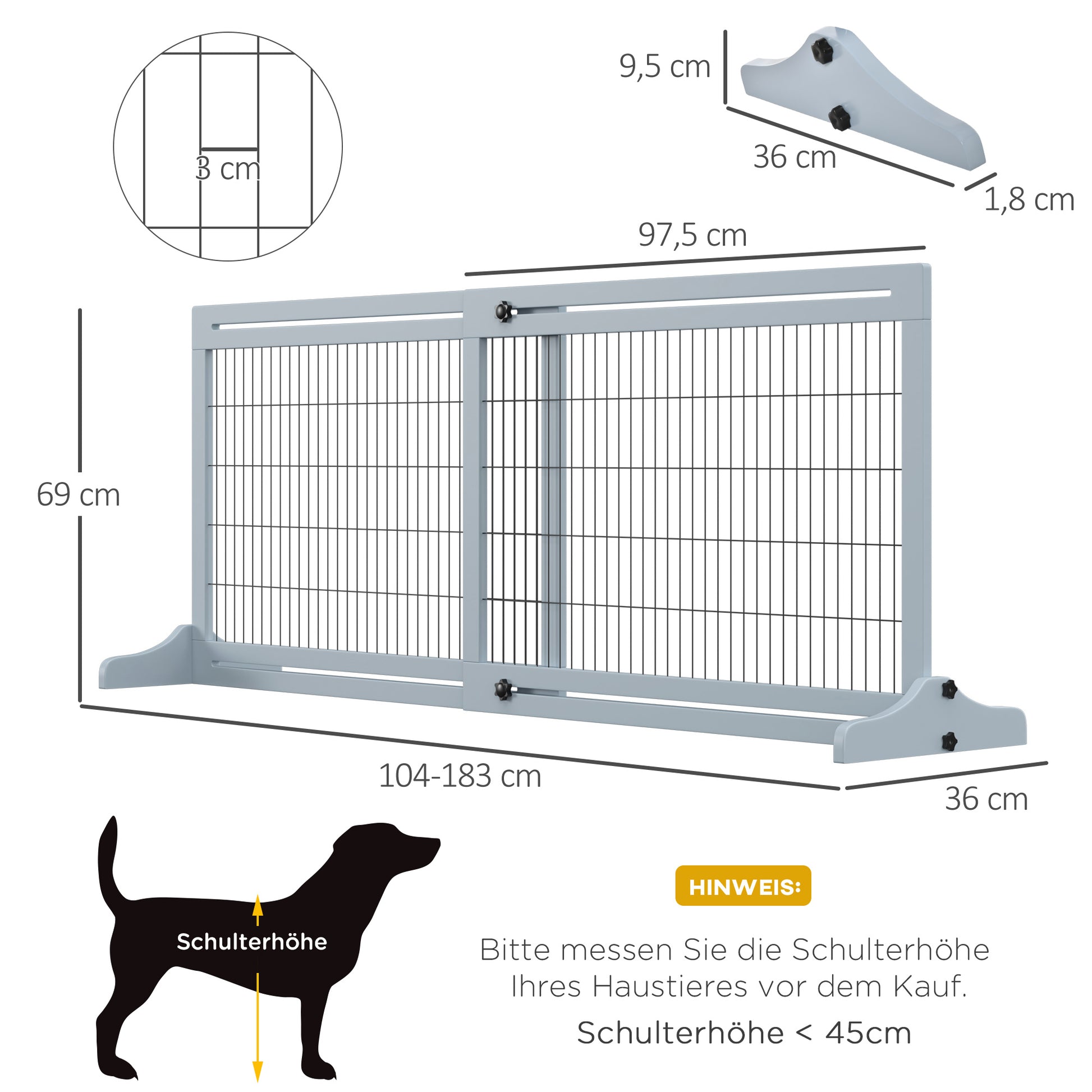 Wooden Dog Barrier, Extendable Door Safety Gate with Foot Support, Freestanding Dog Gate, Stair Gate, Dog Barrier for Fireplace, Oven, Gray Blue, 104-183 x 36 x 69 cm