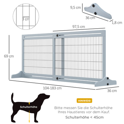 Wooden Dog Barrier, Extendable Door Safety Gate with Foot Support, Freestanding Dog Gate, Stair Gate, Dog Barrier for Fireplace, Oven, Gray Blue, 104-183 x 36 x 69 cm