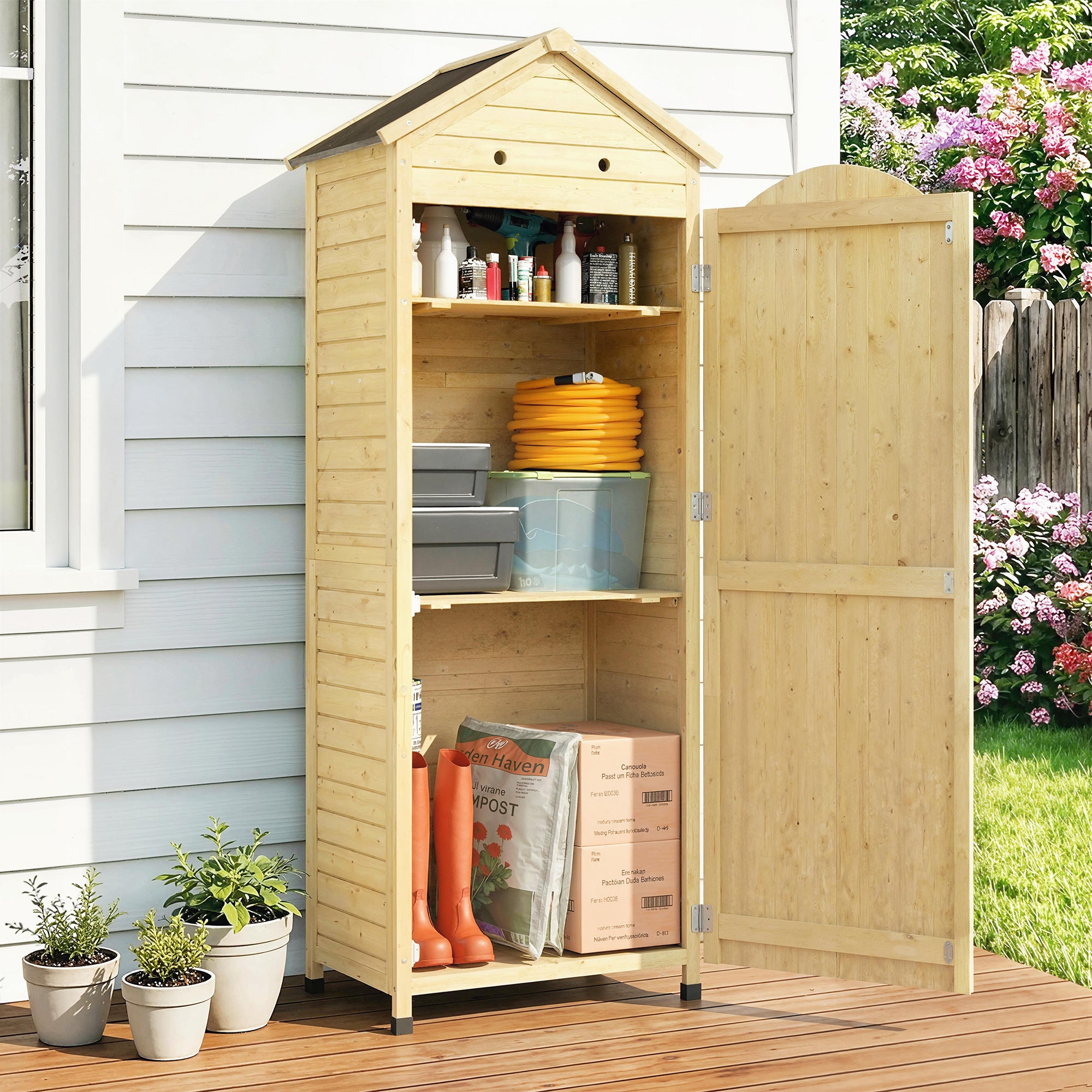 Natural Wood Garden Cabinet – 213 cm (84") High, Galvanized Metal Roof, Adjustable Shelves