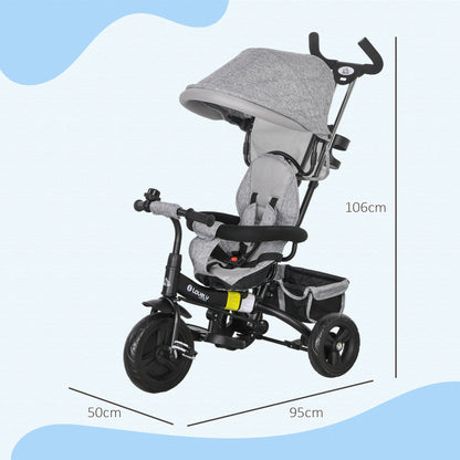 6-in-1 Tricycle with Handle, Children's Tricycle with Removable Sun Canopy, Balance Bike with 5-Point Safety Belt, Basket, Cup Holder, for 1-5 Years Children, Gray