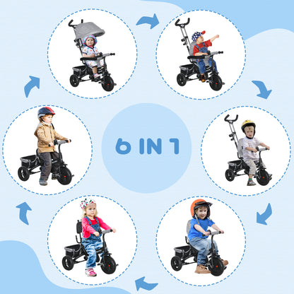 6-in-1 Tricycle with Handle, Children's Tricycle with Removable Sun Canopy, Balance Bike with 5-Point Safety Belt, Basket, Cup Holder, for 1-5 Years Children, Gray