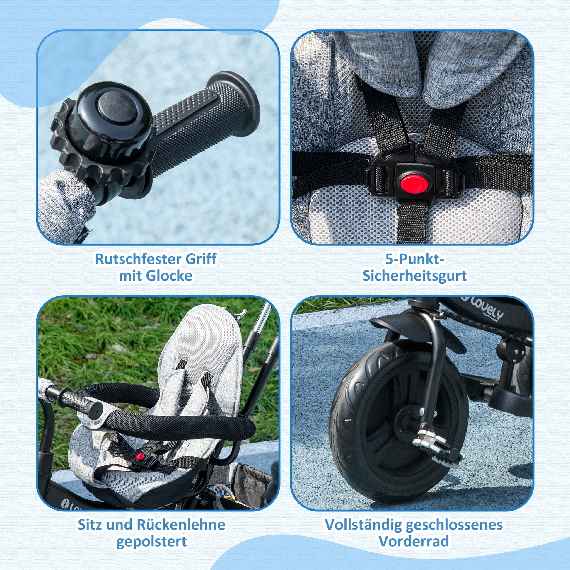 6-in-1 Tricycle with Handle, Children's Tricycle with Removable Sun Canopy, Balance Bike with 5-Point Safety Belt, Basket, Cup Holder, for 1-5 Years Children, Gray