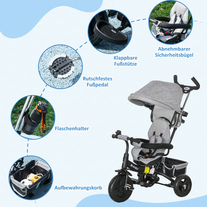 6-in-1 Tricycle with Handle, Children's Tricycle with Removable Sun Canopy, Balance Bike with 5-Point Safety Belt, Basket, Cup Holder, for 1-5 Years Children, Gray