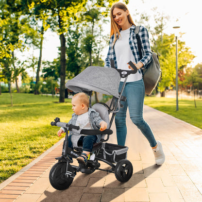 6-in-1 Tricycle with Handle, Children's Tricycle with Removable Sun Canopy, Balance Bike with 5-Point Safety Belt, Basket, Cup Holder, for 1-5 Years Children, Gray