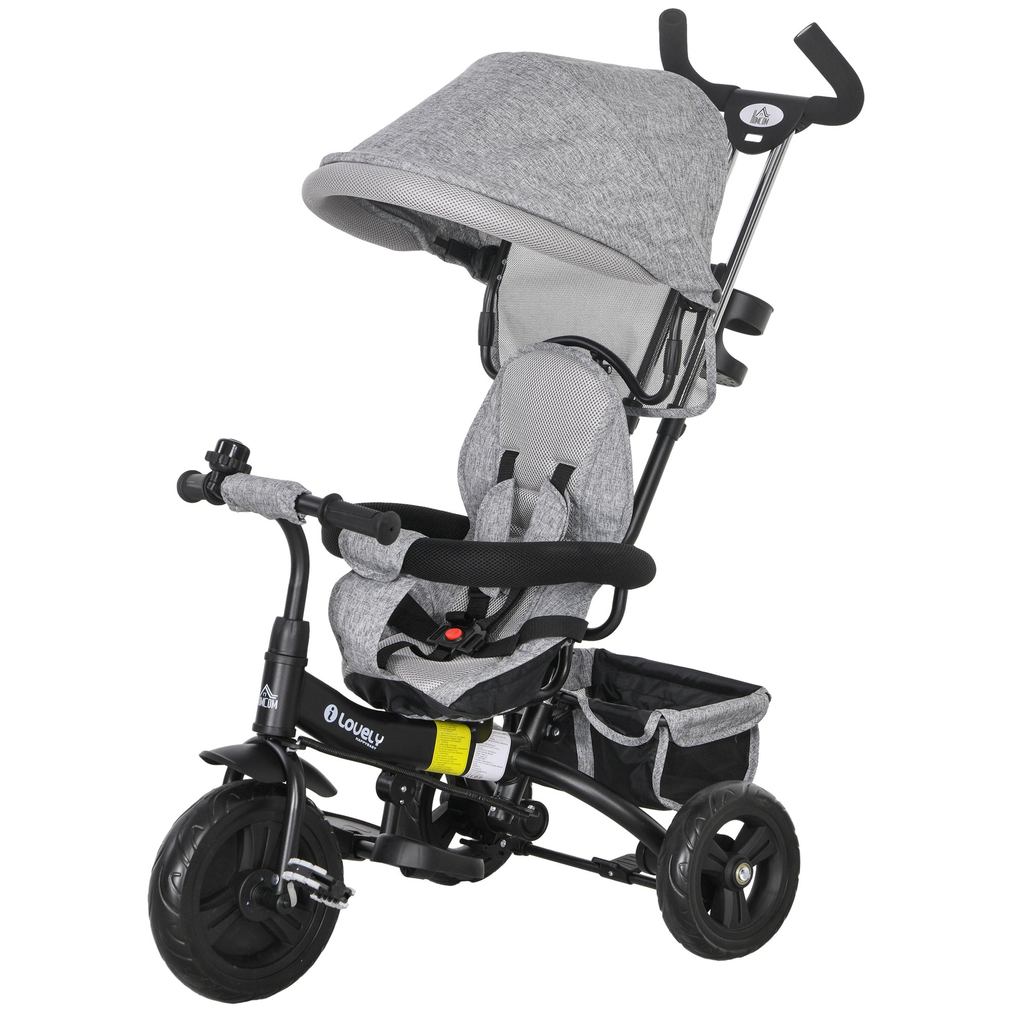 6-in-1 Tricycle with Handle, Children's Tricycle with Removable Sun Canopy, Balance Bike with 5-Point Safety Belt, Basket, Cup Holder, for 1-5 Years Children, Gray