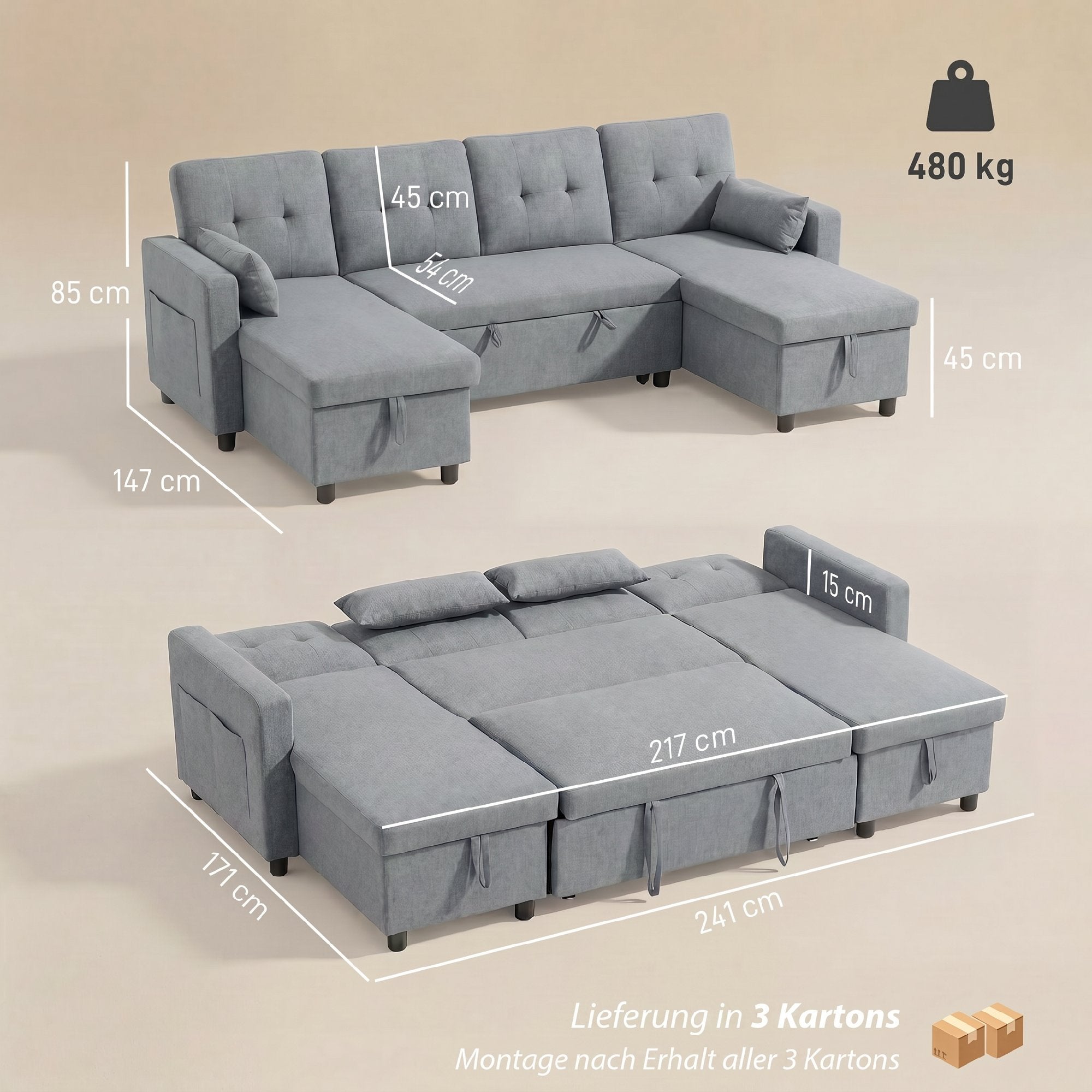 U-Shaped 4-Seater Sectional Sofa Bed with Storage — 3-in-1 Convertible Couch with Chaise, Adjustable Backrests, Linen-Look, Gray