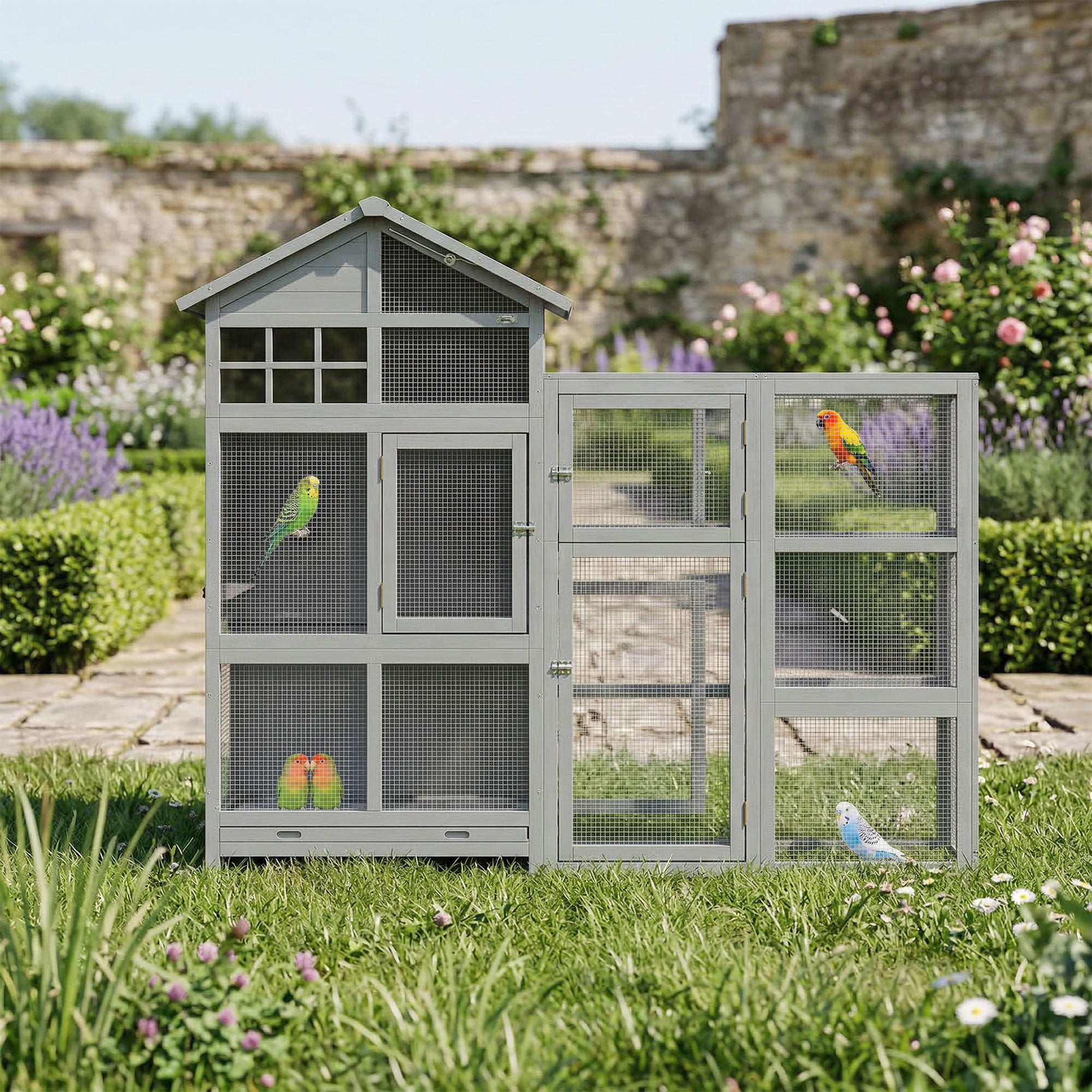 Wooden Bird Aviary with Extension — 6 Perches, 7 Doors, Storage Compartment, Pull-Out Drawer, Stainless Bowls for Finches & Budgies, Gray — 196 x 60 x 164.5 cm (77.2 x 23.6 x 64.8 in)