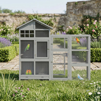 Wooden Bird Aviary with Extension — 6 Perches, 7 Doors, Storage Compartment, Pull-Out Drawer, Stainless Bowls for Finches & Budgies, Gray — 196 x 60 x 164.5 cm (77.2 x 23.6 x 64.8 in)