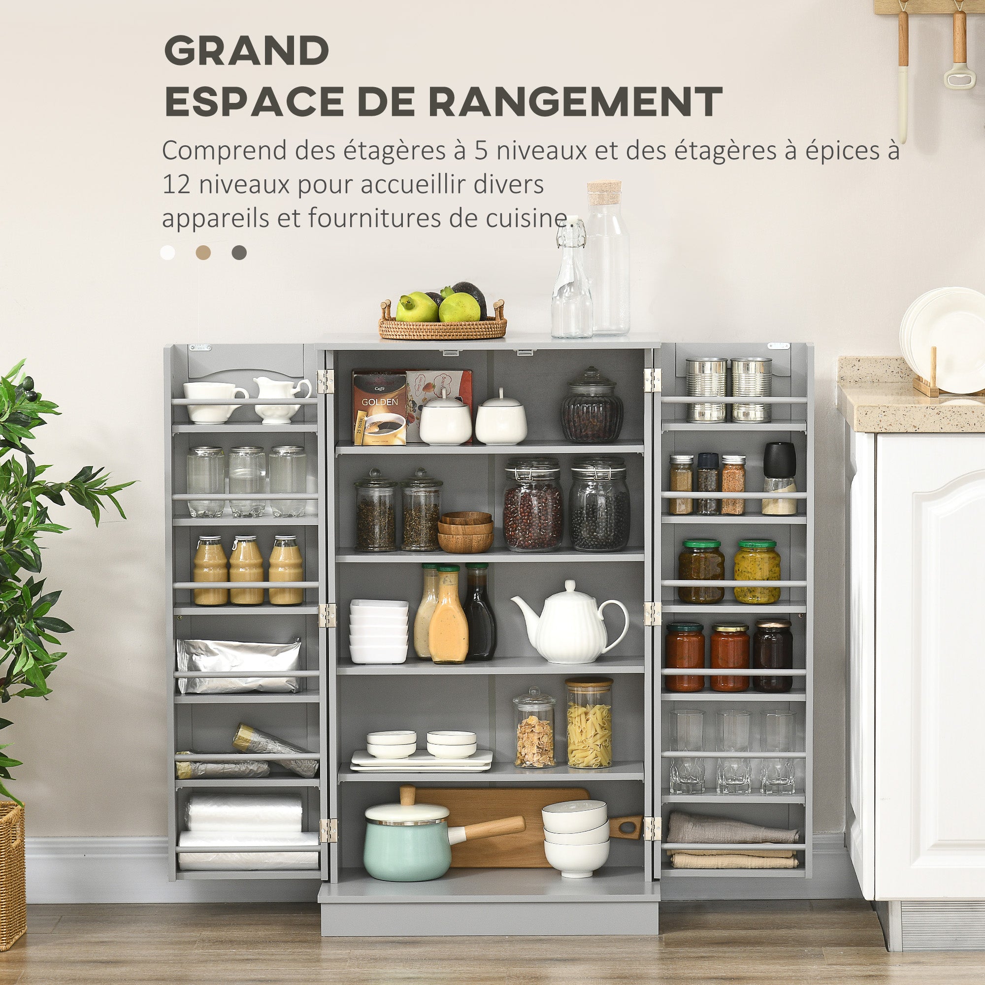 Kitchen Cabinet Buffet Storage Cabinet Modern with Cupboards, Adjustable Shelf, and 12 Spice Racks, Pantry for Dining Room, Living Room, 60 x 30 x 104 cm, Gray