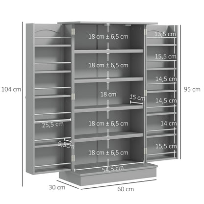 Kitchen Cabinet Buffet Storage Cabinet Modern with Cupboards, Adjustable Shelf, and 12 Spice Racks, Pantry for Dining Room, Living Room, 60 x 30 x 104 cm, Gray