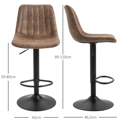 Set of 2 Bar Stools, Upholstered Bar Chairs with Metal Frame, Backrest, Height Adjustable Kitchen Chairs with Footrest, 360° Swivel, Counter Stools for Kitchen, Living Room, Dining Room, Microfiber Fabric, Brown