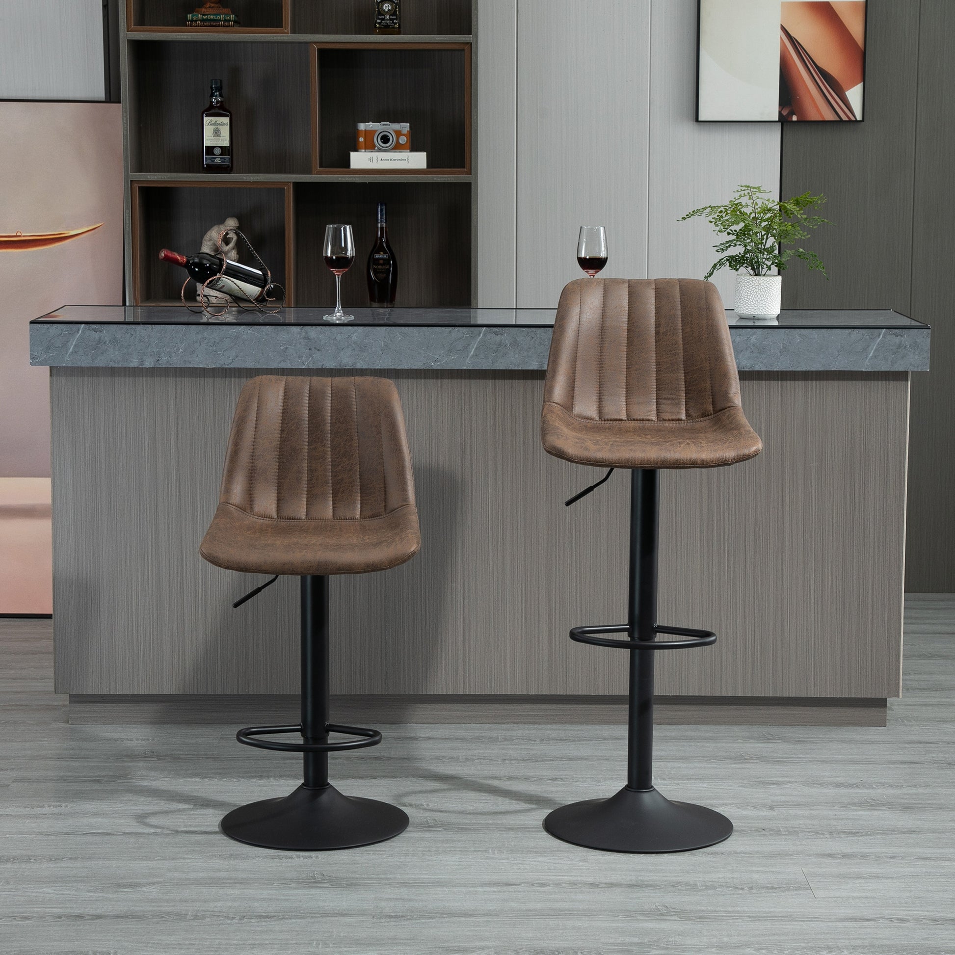 Set of 2 Bar Stools, Upholstered Bar Chairs with Metal Frame, Backrest, Height Adjustable Kitchen Chairs with Footrest, 360° Swivel, Counter Stools for Kitchen, Living Room, Dining Room, Microfiber Fabric, Brown