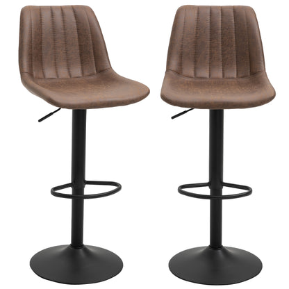 Set of 2 Bar Stools, Upholstered Bar Chairs with Metal Frame, Backrest, Height Adjustable Kitchen Chairs with Footrest, 360° Swivel, Counter Stools for Kitchen, Living Room, Dining Room, Microfiber Fabric, Brown