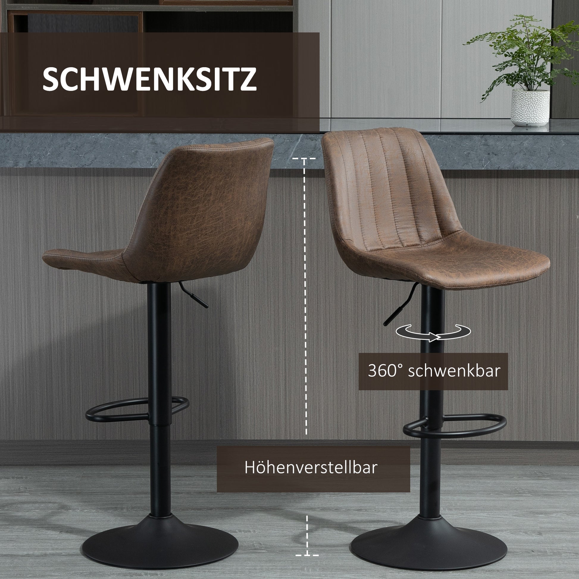 Set of 2 Bar Stools, Upholstered Bar Chairs with Metal Frame, Backrest, Height Adjustable Kitchen Chairs with Footrest, 360° Swivel, Counter Stools for Kitchen, Living Room, Dining Room, Microfiber Fabric, Brown