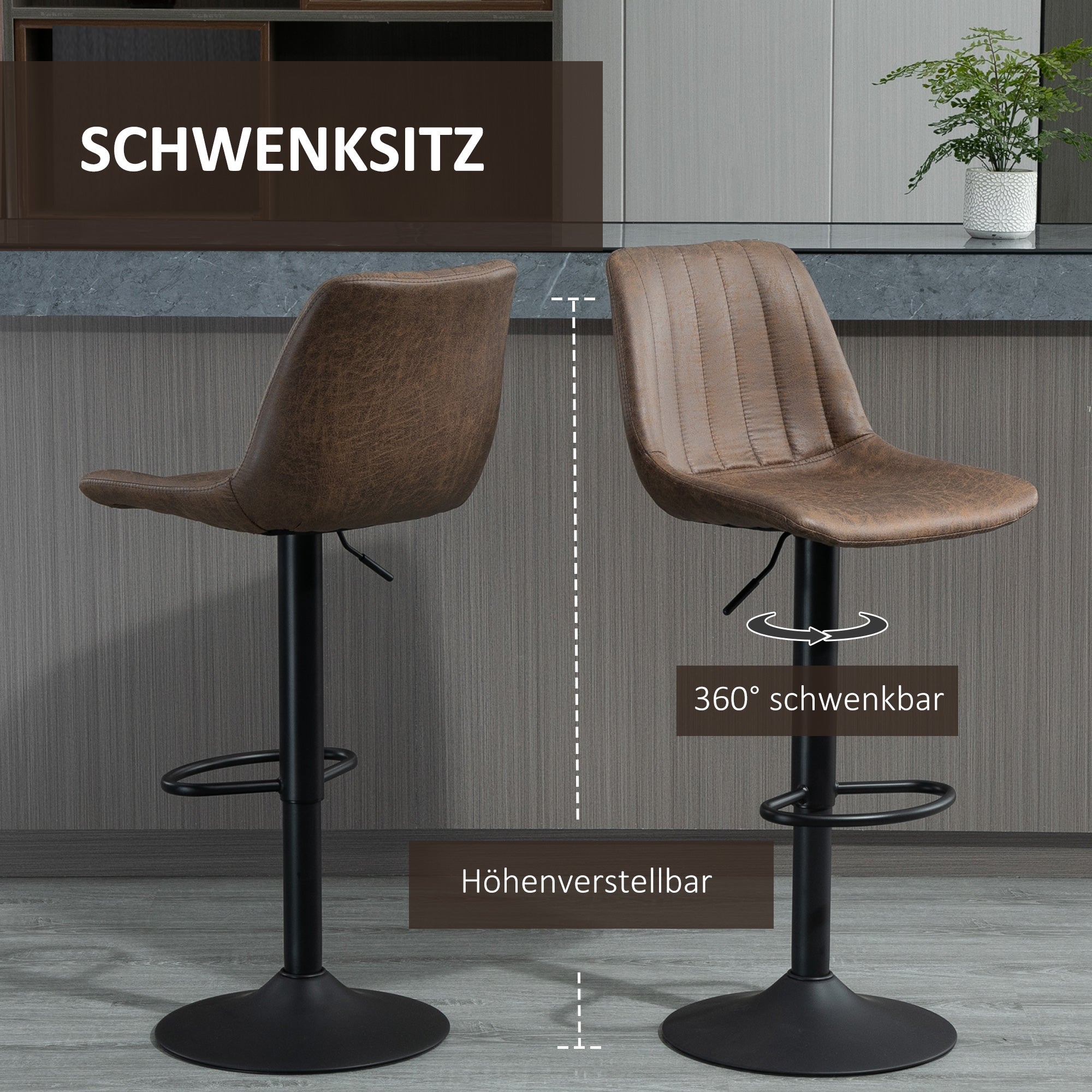 Set of 2 Bar Stools, Upholstered Bar Chairs with Metal Frame, Backrest, Height Adjustable Kitchen Chairs with Footrest, 360° Swivel, Counter Stools for Kitchen, Living Room, Dining Room, Microfiber Fabric, Brown