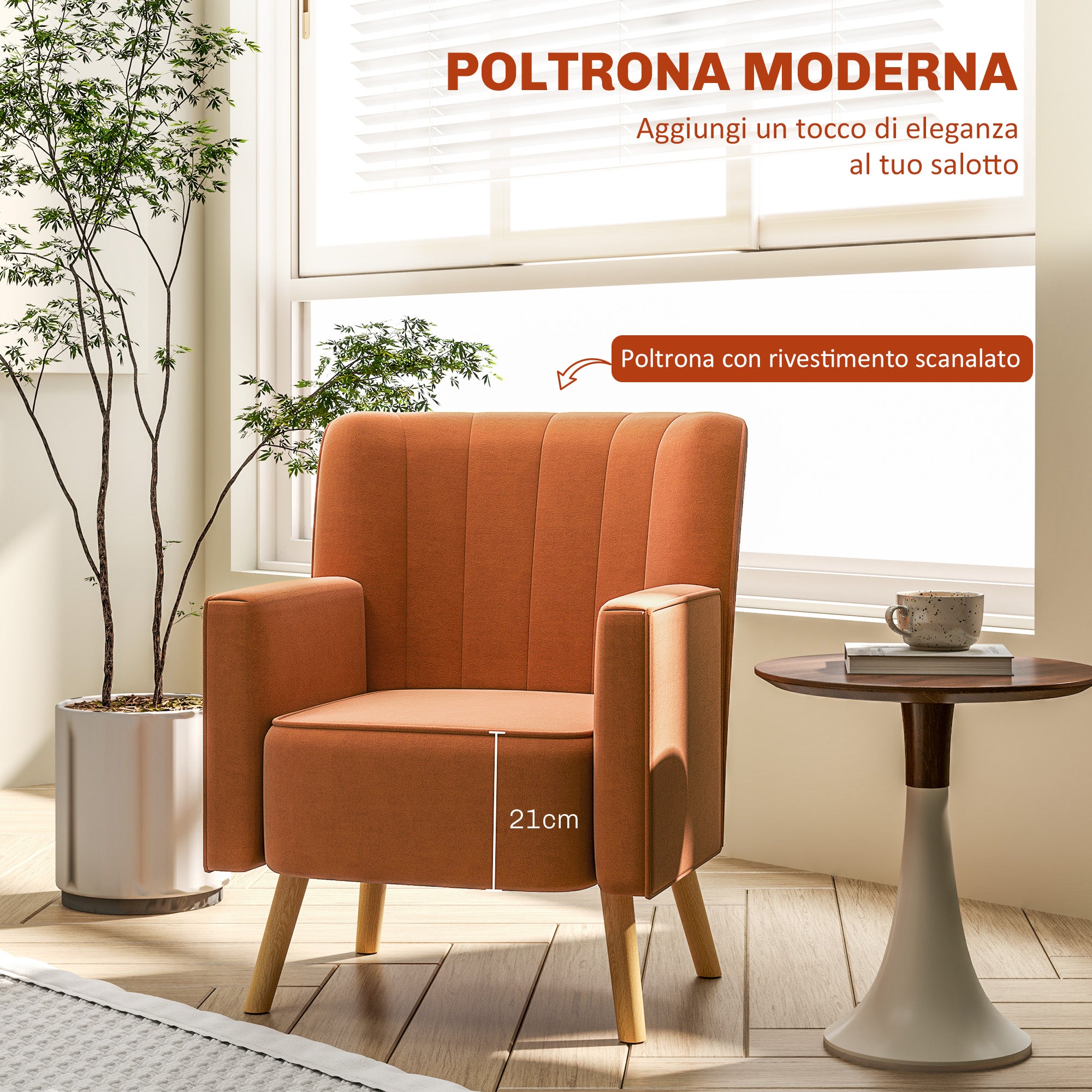 Modern Accent Armchair with Ribbed and Inclined Backrest, Living Room Armchair in Velvet Effect Fabric, 70x76x92 cm, Brown