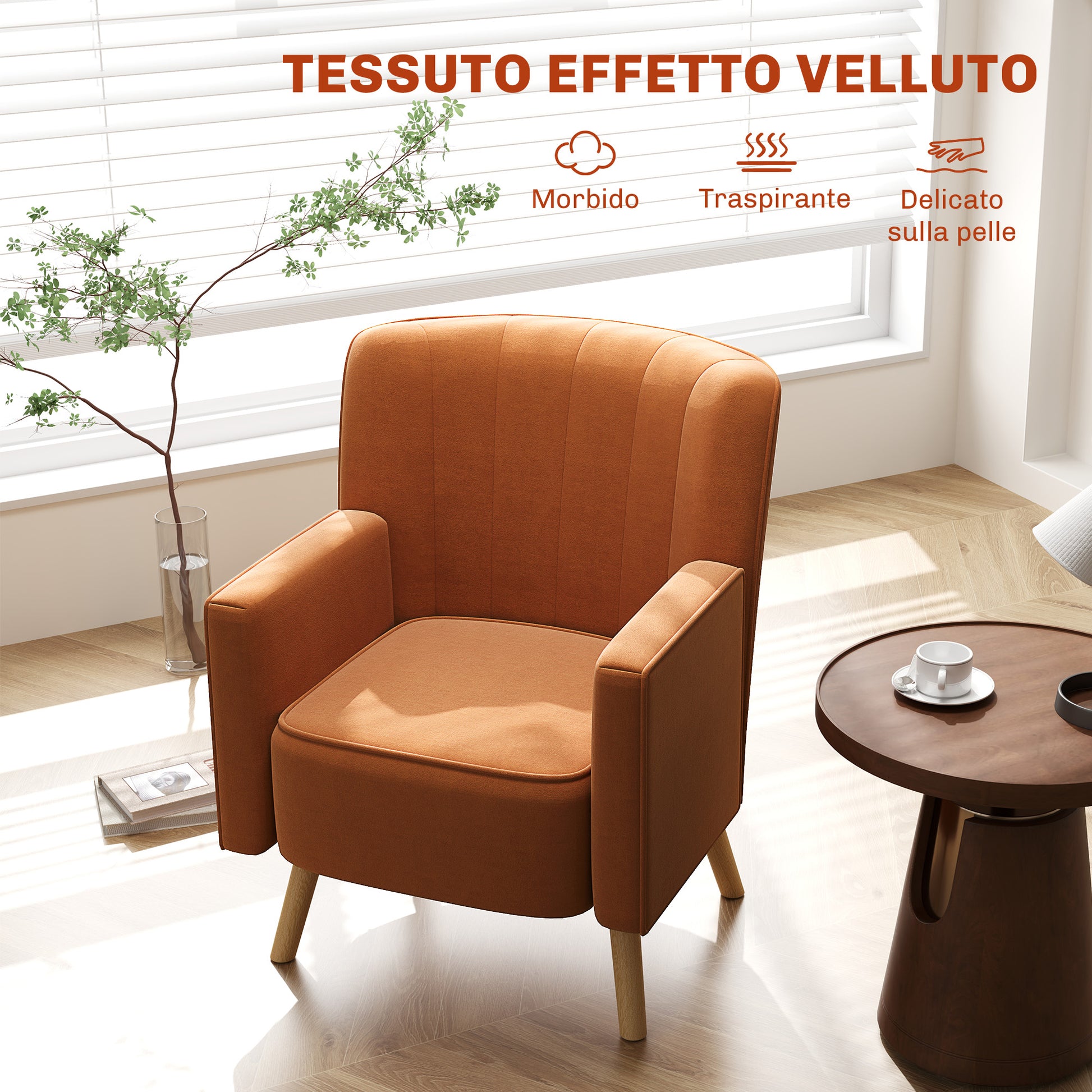Modern Accent Armchair with Ribbed and Inclined Backrest, Living Room Armchair in Velvet Effect Fabric, 70x76x92 cm, Brown