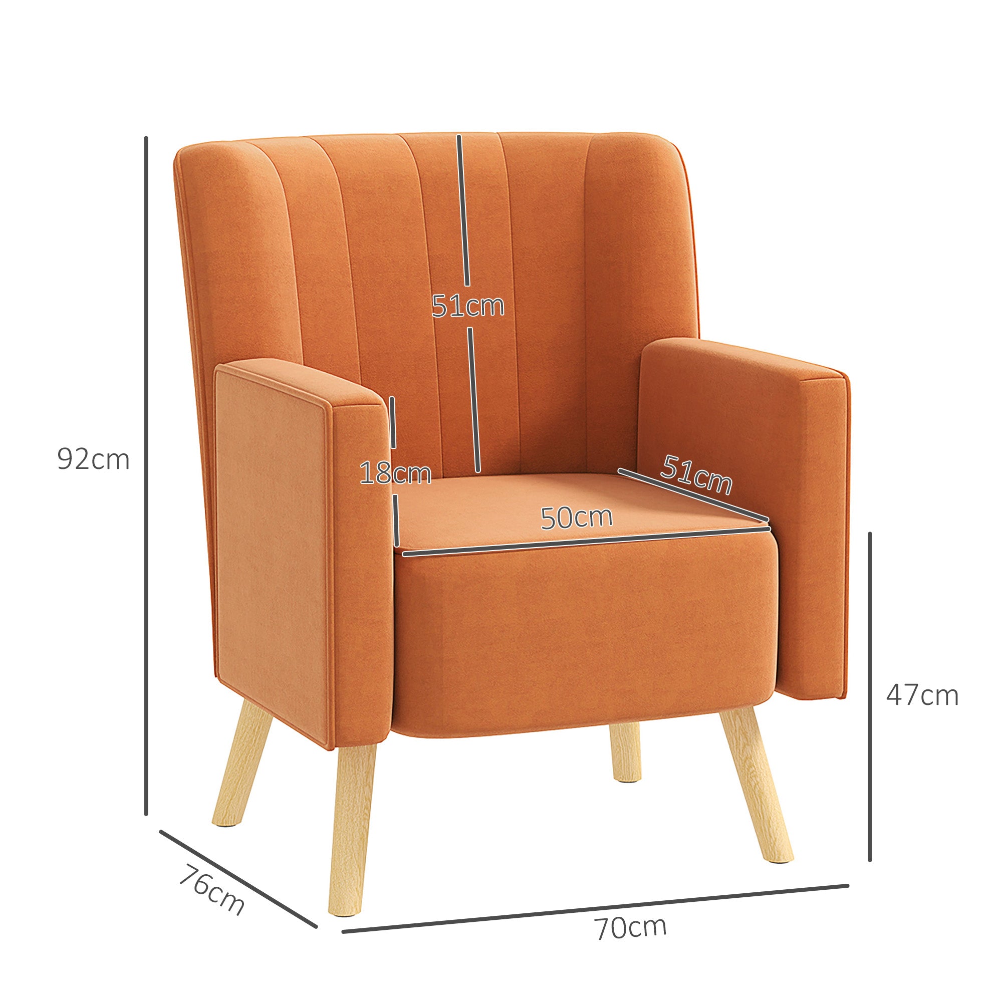 Modern Accent Armchair with Ribbed and Inclined Backrest, Living Room Armchair in Velvet Effect Fabric, 70x76x92 cm, Brown