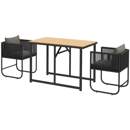 Garden Set 3-piece outdoor ensemble with 1 table and 2 chairs 4 cushions black wood-look composite tabletop