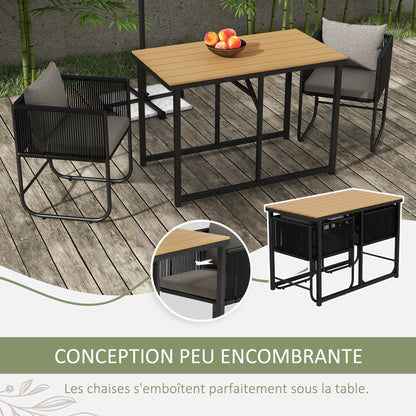 Garden Set 3-piece outdoor ensemble with 1 table and 2 chairs 4 cushions black wood-look composite tabletop