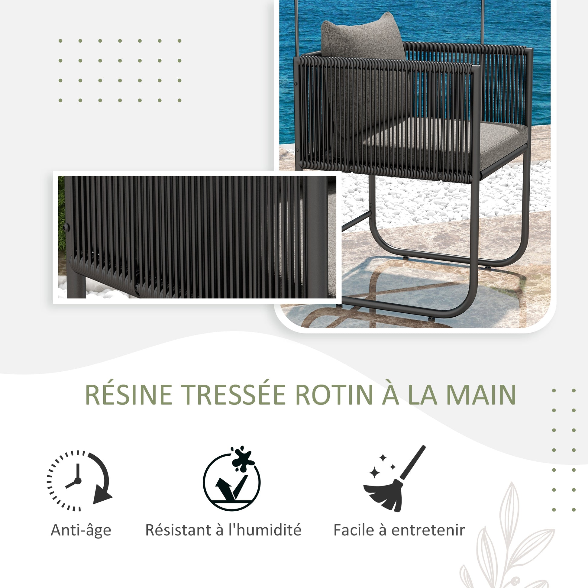 Garden Set 3-piece outdoor ensemble with 1 table and 2 chairs 4 cushions black wood-look composite tabletop