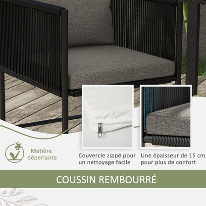 Garden Set 3-piece outdoor ensemble with 1 table and 2 chairs 4 cushions black wood-look composite tabletop